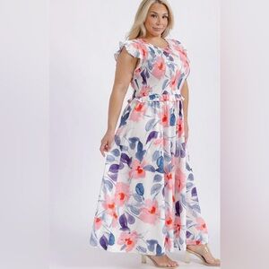 PLUS SIZE SHORT RUFFLE SLEEVE SMOCK FLORAL MAXI DRESS